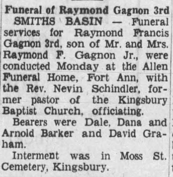 Raymond Francis Gagnon III - Funeral The Glen Falls Times (Glens Falls, NY) - 11 Feb 1964 ... pg 8